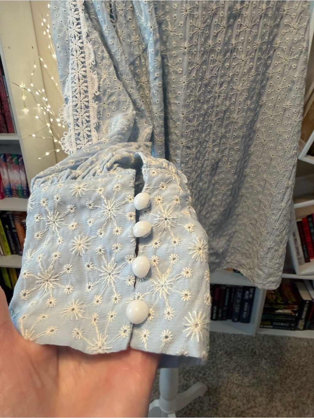 SHEIN Light Blue Eyelet Lace Long Sleeve Blouse - Picture 6 of 15